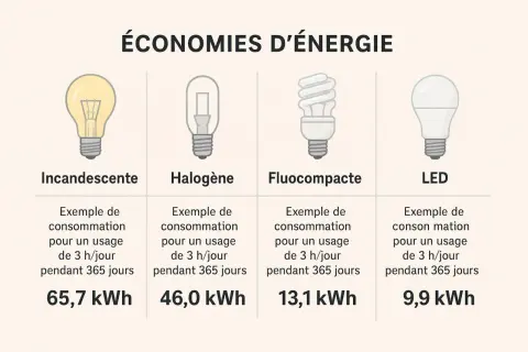 Comparaison de la consommation d'énergie des ampoules : halogène (46 kWh) vs LED (9,9 kWh) et autres. Les avantages et inconvénients sont illustrés.