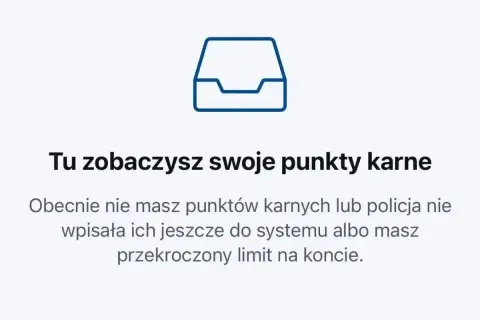 Ikona dokumentu z tekstem "Tu zobaczysz swoje punkty karne". Obecnie nie masz punktów karnych lub policja nie wpisała ich jeszcze do systemu albo masz przekroczony limit na koncie. Taryfikator punktów karnych.