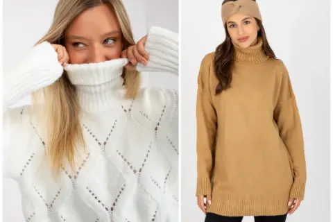 Dwa swetry damskie plus size: biały z golfem i ażurowym wzorem oraz camelowy, luźny golf.