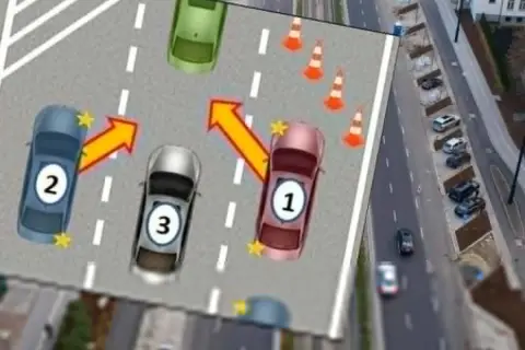 Ilustracja pokazuje manewr zmiany pasa ruchu. Samochody z numerami 1, 2 i 3 wykonują sekwencję ruchów, by bezpiecznie zmienić pas.