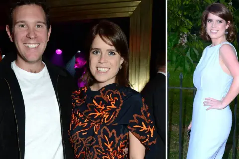 Prinsessan Eugenie ler i en ljusblå klänning utomhus. Till vänster syns hon med en man i mörk jacka.