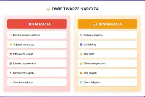 Dwie twarze narcyza: idealizacja (bombardowanie miłością, uwaga) i dewaluacja (krytyka, gaslighting). Poznaj cechy narcystyczne.
