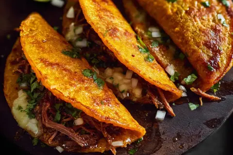 Tre saftiga birria tacos med strimlat kött, lök och koriander på en mörk träbricka.