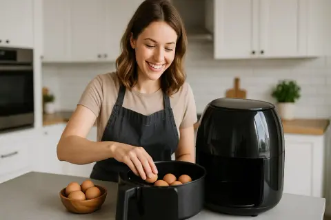 Uśmiechnięta kobieta wkłada jajka do frytkownicy beztłuszczowej. Szybkie i zdrowe jajka z airfryer to jej sekret na pyszne śniadanie.