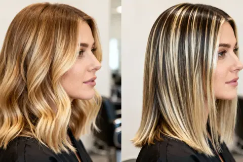 Diferencia entre mechas y balayage: cabello rubio con ondas vs. cabello liso con reflejos marcados.
