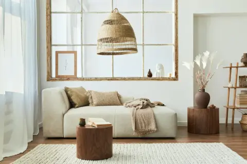 Un salon lumineux avec un canapé beige, des coussins texturés et une couverture. Une idée pour comment agrandir une pièce : misez sur la lumière naturelle et des tons clairs.