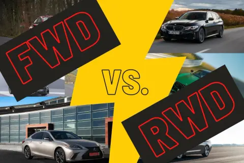 Porównanie aut z napędem FWD i RWD. Widoczne samochody: Lexus, BMW, zielony sportowy model.