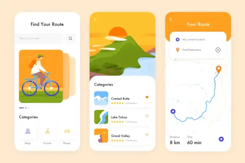 A route-finding app showcasing vibrant, best app color schemes. It features a cyclist illustration, destination categories, and a map with route details.