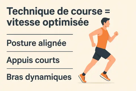 Un coureur en plein entrainement sprint, avec une posture alignée, des appuis courts et des bras dynamiques pour une vitesse optimisée.