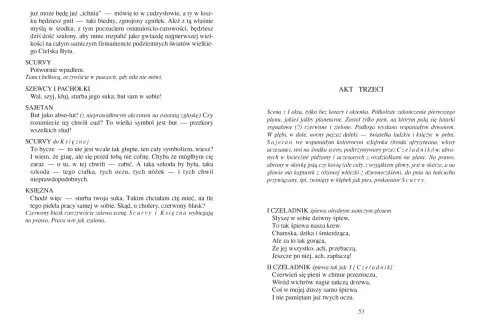Fragment tekstu z nagłówkami i dialogami, z zaznaczonymi imionami postaci.