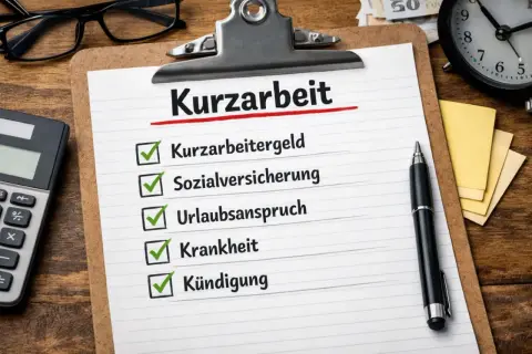 Checkliste für Kurzarbeit: alle Voraussetzungen wie Kurzarbeitergeld, Sozialversicherung, Urlaubsanspruch, Krankheit und Kündigung sind abgehakt.