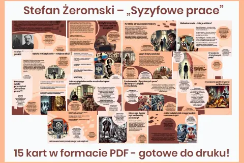 Stefan Żeromski – „Syzyfowe prace" – streszczenie. Grafika przedstawia kluczowe elementy powieści, od postaci po motywy i przesłanie.