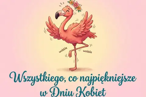 Różowy flaming w wianku tańczy, śmieszne życzenia na Dzień Kobiet!