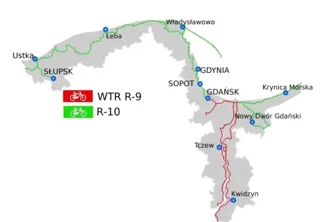 Mapa tras rowerowych WTR R-9 (czerwona) i R-10 (zielona) wzdłuż wybrzeża i w głąb lądu, łącząca miasta takie jak Ustka, Gdańsk, Krynica Morska i Kwidzyn.
