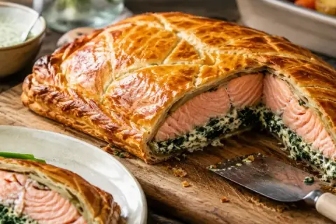 Un délicieux saumon en croûte doré, garni d'épinards crémeux, est coupé pour révéler sa chair rose tendre. Une part est servie sur une assiette.