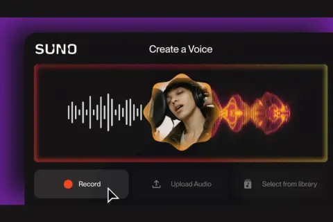 Suno music interface shows a young person singing into a microphone, with a waveform visualization. Options to Record, Upload Audio, or Select from library.