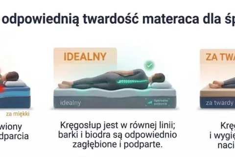 Porównanie trzech pozycji na materacu: za miękki (kręgosłup wygięty), idealny (kręgosłup prosty) i za twardy (kręgosłup napięty).