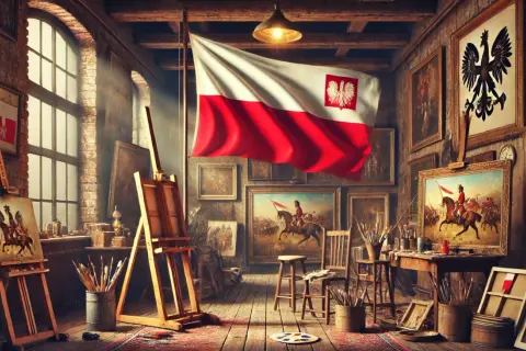 Pracownia artystyczna pełna obrazów z epoki, z polską flagą i orłem. Sztuka 20 lecia międzywojennego w pełnej krasie.