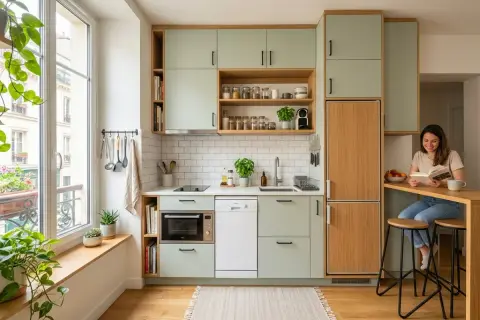 Une femme lit un livre dans une petite cuisine lumineuse avec des armoires vert pâle et des accents en bois.