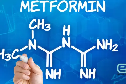 Metformina: wzór chemiczny i potencjalne skutki uboczne. Rysunek przedstawia strukturę cząsteczki metforminy.