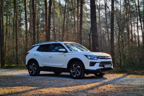 Biały SsangYong Korando zaparkowany na leśnej drodze, otoczony przez wysokie sosny.