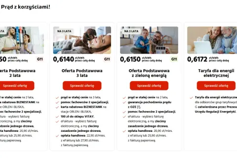 Oferty prądu G11: 2 lata za 0,6150 zł/kWh, 3 lata za 0,6140 zł/kWh, z zieloną energią za 0,6150 zł/kWh. Opłata handlowa od 20,90 zł.