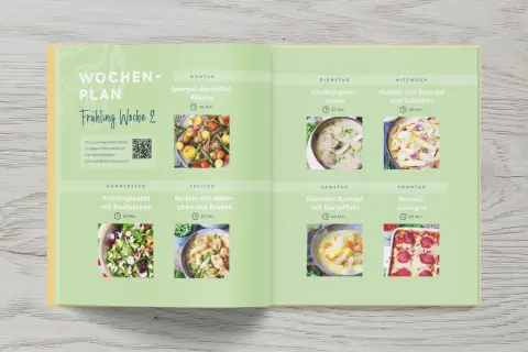 Wochenplan für Frühling Woche 2: Spargel-Kartoffel-Pfanne, Champignon-Suppe, Nudeln mit Spargel & Schinken, Frühlingssalat, Nudeln mit Hähnchen, Kohlrabi-Eintopf, Ravioli-Lasagne.