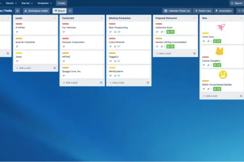 Tablero de Trello con columnas: Contactados, Leads, Contacto, Reunión Agendada, Propuesta Entregada y Ganados. Muestra herramientas de ventas para gestionar clientes.
