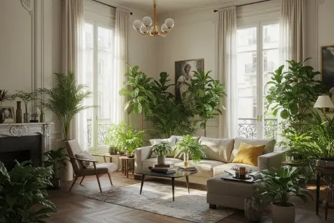 Salon parisien baigné de lumière, orné de nombreuses plantes d'intérieur luxuriantes. Un canapé confortable, une cheminée et des fenêtres donnant sur la ville.