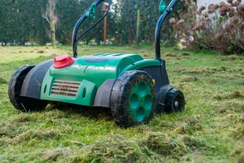 Zielony aerator do trawnika pracuje na wilgotnej trawie, pozostawiając za sobą ślady po wertykulacji.