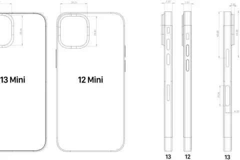 Schémas comparant l'iPhone 13 Mini et l'iPhone 12 Mini, avec des mesures détaillées du **taille d'écran** et des dimensions.