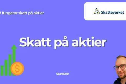 Grafisk illustration som visar en stigande stapelgraf med en dollar-symbol, samt texten "Skatt på aktier". Skatteverkets logotyp syns också.