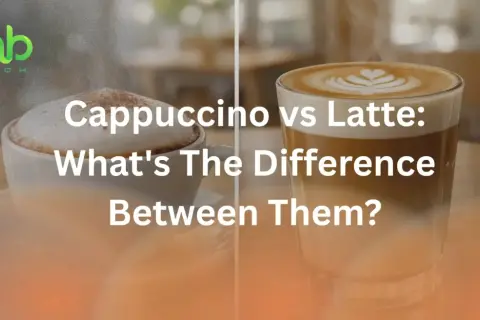Cappuccino e caffè latte: due bevande, una differenza. Immagine mostra un cappuccino e un latte macchiato, con testo che chiede "What's The Difference Between Them?".