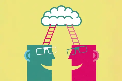 Zwei Köpfe mit Leitern, die zu einer Wolke führen. Symbolisiert den Austausch von Ideen in der politischen Sprache.