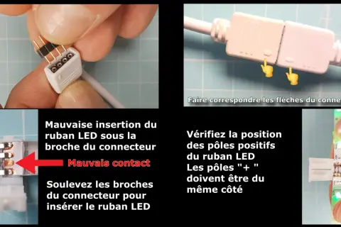 Connecteur pour ruban LED qui clignote. Instructions pour une bonne insertion et vérification des pôles positifs.