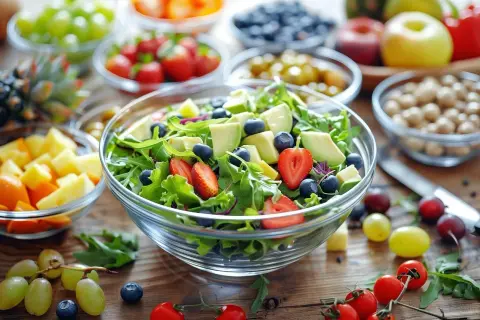 Kolorowa sałatka z awokado, truskawkami i borówkami. Idealna na dietę bezresztkową jadłospis.