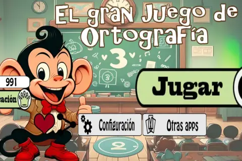 Mono sonriente en un aula, listo para jugar "El gran Juego de Ortografía". Botón "Jugar" y opciones de configuración.