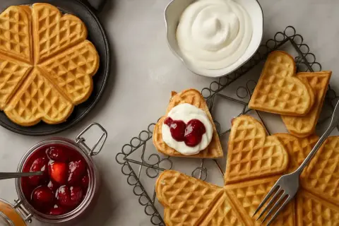 Hjärtformade belgiska våfflor med vispgrädde och sylt, redo att avnjutas.