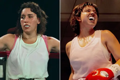 Two images of a determined female boxer, one in a white tank with pink trim, the other in a pink tank, both wearing mouthguards and showing sweat.