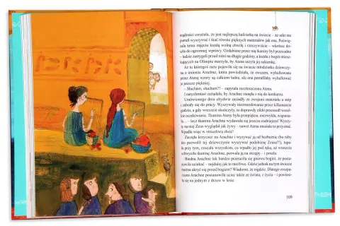 Ilustracja do mitów greckich dla dzieci: Arachne i Atena rywalizują w hafcie. Dziewczyny siedzą przy krosnach, a zza łuku wyglądają zaciekawione dzieci.