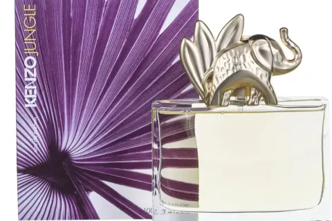 Perfumy Kenzo Jungle EDP w szklanym flakonie ze złotym słoniem i liściem palmowym na opakowaniu.