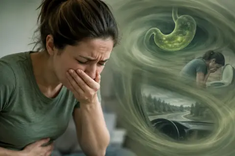 Donna soffre di bruciore di stomaco e nausea. Immagini di uno stomaco, vomito e guida suggeriscono reflusso e la ricerca di rimedi rapidi.
