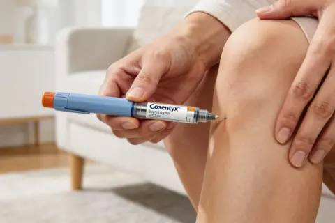 Osoba wykonuje zastrzyk z Cosentyx 60 mg, który pomaga w leczeniu chorób autoimmunologicznych.