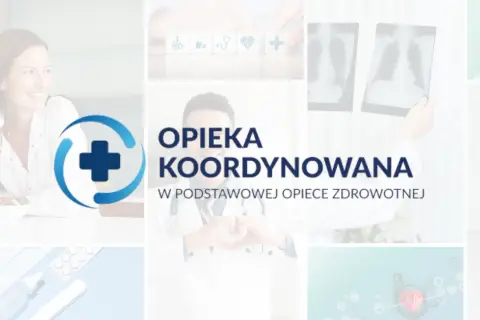 Lekarz tworzy serce z dłoni, symbolizując troskę. Napis "Opieka koordynowana" podkreśla holistyczne podejście do pacjenta.