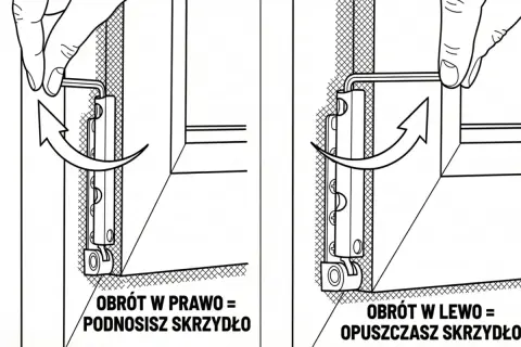 Instrukcja jak przestawić okna na tryb zimowy: obrót kluczem w prawo podnosi skrzydło, w lewo opuszcza.