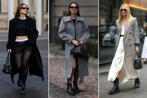 Tre donne sfoggiano un outfit con anfibi e pantaloni, con cappotti eleganti e borse chic.