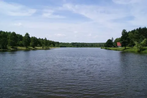 Spokojna tafla jeziora, otoczona zielenią lasów, z małym czerwonym domkiem na brzegu. Wesoła fala Mysłowice zaprasza do odpoczynku.