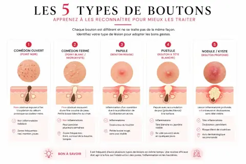Infographie expliquant les 5 types de bouton visage : comédon, papule, pustule, nodule/kyste. Chaque type est illustré et décrit.