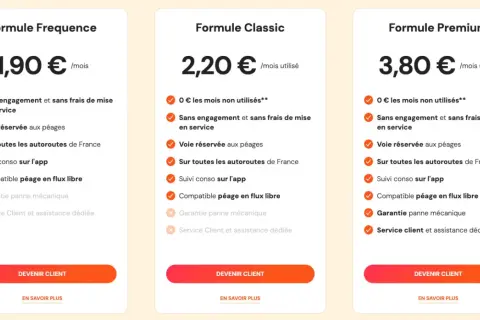 Comparaison des formules de **prix télépeage** : Frequence (1,90€/mois), Classic (2,20€/mois utilisé), Premium (3,80€/mois utilisé). Options et services inclus.