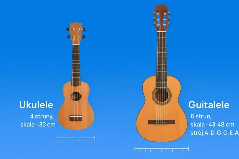 Ukulele ma 4 struny, a guitalele 6. Wybór strun zależy od instrumentu.